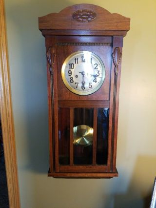 Antique Gustav Becker Wall Clock W/pendulem - Solid Wood Beveled Glass - As - Is