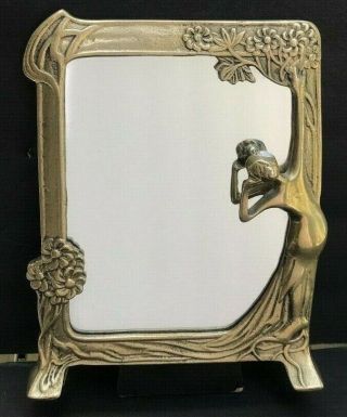 Solid Brass Art Nouveau Nude Lady By Lake Vanity Dresser Table Mirror Reflection