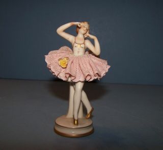 Vintage Dresden Pink Lace Volkstedt Porcelain Dancing Ballerina Girl Figurine