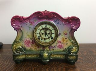 Antique Ansonia Royal Bonn " La Vergne ",  Porcelain Mantel Clock,  Running Project
