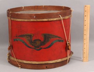 Small Antique Folk Art Red Paint,  American Eagle,  Military Snare Drum,  Nr