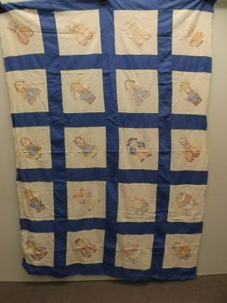 Unique One Of A Kind Vtg Feed Sack Hand Sewn Appliqued Quilt Top 59x85 Ethnic