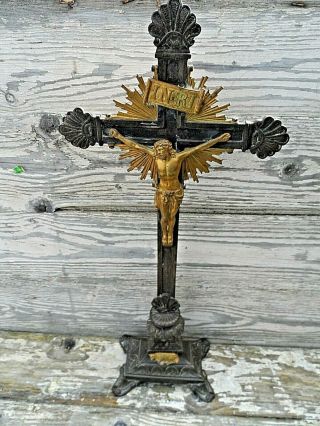 Large Vintage/antique French Cast Bronze Church Alter Crucifix 17 3/4 " Tall Vgc