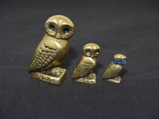 Vintage Greece Solid Brass Set Of 3 Owls Of Athena Figurines ΑΘΕ