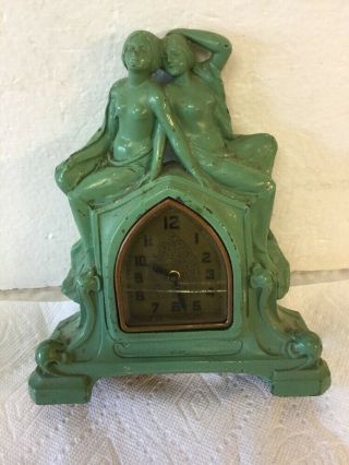 Magnificent Antique Art Deco Era Frankart Clock Nude Ladies Jadeite Green Color