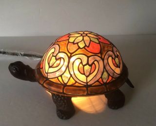 Luminaire Tiffany Style Stained Glass Turtle Desk Night Light W/flowes & Hearts