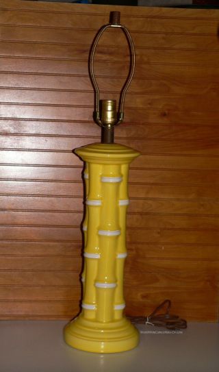 Mid Century Large Faux Bamboo Lamp Pottery Ceramic Sunshine Yellow 3 Way Light