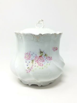 Vintage Porcelain Cookie Biscuit Jar Hand Painted With Lid Floral
