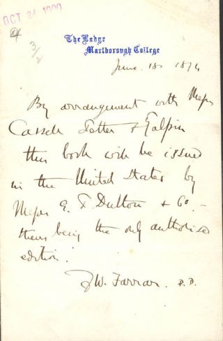 Frederic William Farrar - Autograph Note Signed 06/18/1876