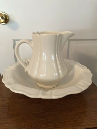 Vintage California Pottery White Water Pitcher & Wash Bowl Set H1742
