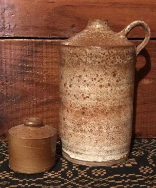 2 Antique Primitive Salt Glaze Stoneware Pottery: Handle Bottle & Inkwell Aafa