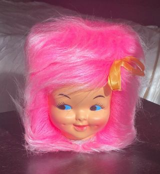 Vintage Retro 1970s Neon Pink Hair Dimple Doll Head Tissue Box Cover Dispenser