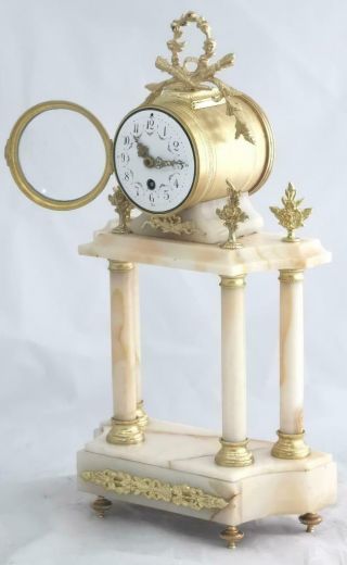 Antique French 8 Day Bell Striking Cream Marble Portico Mantle Clock