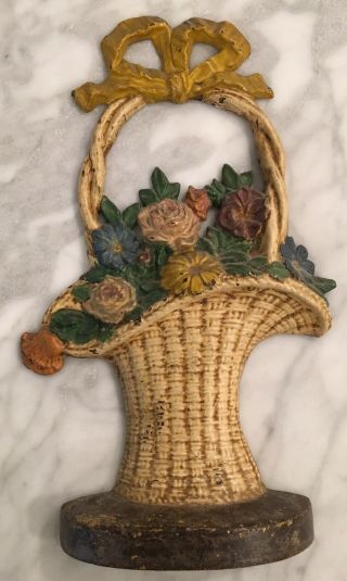 Antique Cast Iron Doorstop Flower Basket Yellow Bow Vintage