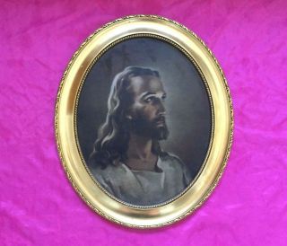 Vtg.  Large Religious Wall Picture Jesus Christ,  Gold Gilt Oval Carved Wood Frame