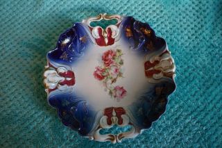 Antique Hand Painted Porcelain 2 Handled Cabinet Plate Gold Trim Flowers