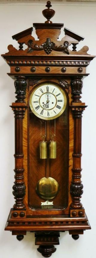 Antique Gustav Becker Twin Weight 8 Day Striking Carved Walnut Vienna Wall Clock