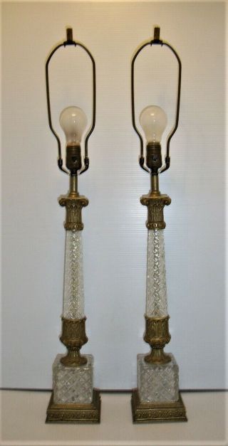 Vintage Pair Crystal Glass Table Lamps,  Hollywood,  Mid Century