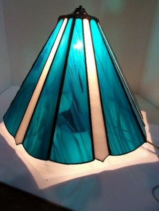 Large Vintage 14 " Wide Tiffany Style Stained Glass Lamp Shade White Blue