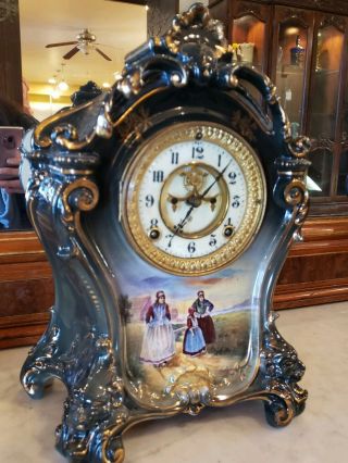 Ansonia Royal Bonn China Mantle Clock.  La Mine " Dutch Women Scene Gorgeous