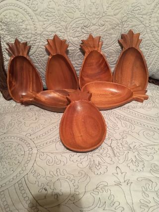 Vintage Carved Monkey Pod Wood Salad Serving Bowls Set Of 6 Pineapple Shaped