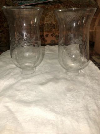 2 Vintage Clear Hurricane Lamp Shade Hand Cut Grape Design For Sconce/hanging