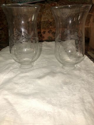 2 Vintage Clear Hurricane Lamp Shade Hand Cut Grape Design For Sconce/hanging 2