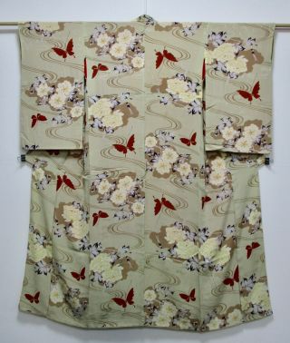 Japanese Silk Antique Kimono / Flower & Butterfly / Vintage Silk Fabric /760