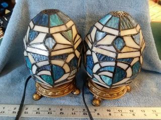 Tiffany Style Stained Leaded Glass Egg Shaped Lamp Pair