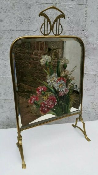 Vintage Art Nouveau Hand Painted Flowers Bevelled Glass Mirror Open Fire Screen