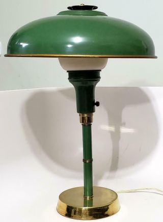 Vintage Mcm Mid Century Flying Saucer Ufo Table Lamp Light - Green Metal & Brass