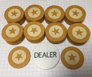 42 Antique Poker Chips & " Dealer Button " With Star,  Lqqk