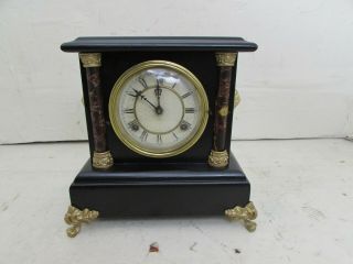 Antique Waterbury Clock Co.  Striking Mantle Clock,  Wood Case,  Gilt Metal Mounts
