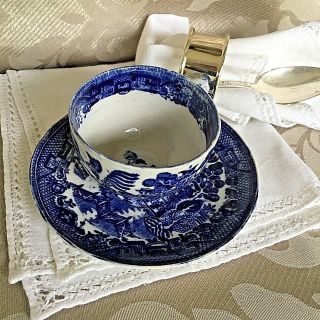 Antique Flow Blue Cup And Saucer English Willow Ware 1905 By Bourne And Leigh