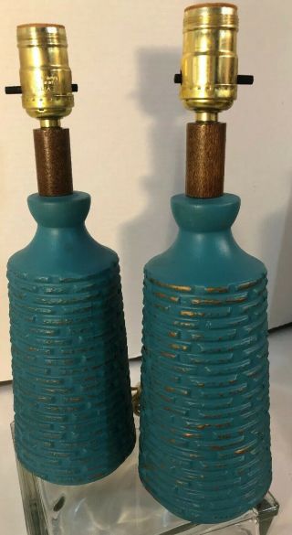 Pair Vtg Mid Century Modern Blue Aqua Teal Ceramic Pottery Lamps Groovey S108
