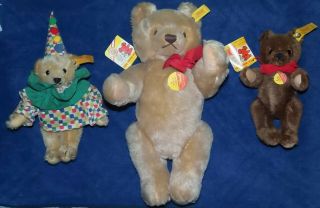 Three Steiff Mohair Teddy Bears 13” 0201/36 Clown 7 " 0163/19 Brown 0206/18 7 "