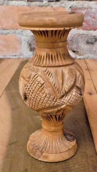 Vintage Wooden Vase Mid Century Hand Carved Wood Urn W/camel & Palm Leaves