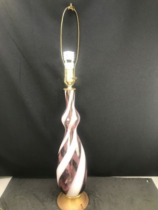 Vintage Mid Century Modern Pink And White Swirl Blown Glass Electric Table Lamp