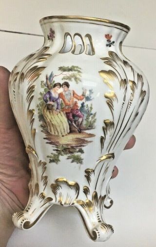 Antique French? German?hand Paint Gilded Porcelain Pierced Blue Mark Signed Vase
