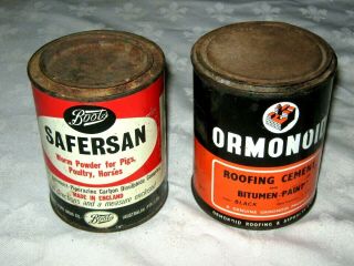 2 X Old Vintage Imperial Measure Tins Ormonoid Bitumen & Safersan Worming Powder