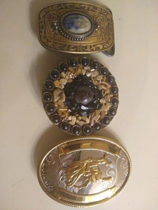 3 Vintage Western Belt Buckles German Silver Rodeo,  Brass,  Stone