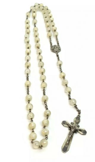Antique Sterling Silver & Faux Pearls Rosary Beads Crucifix Cross Jesus Mary 24”