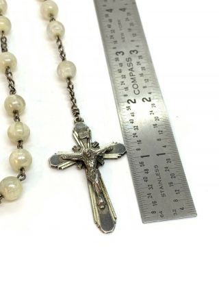 Antique STERLING SILVER & Faux Pearls ROSARY BEADS Crucifix Cross Jesus Mary 24” 3