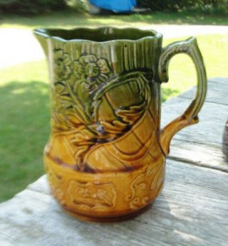 Early British Art Pottery - Yellow Ware Milk Pitcher With Majolica Green Glaze