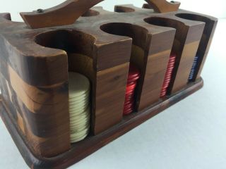Vintage Wooden Poker Chip Carrier Caddy St Louis With Rock Island Plastic Chips
