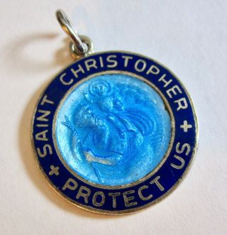 Vintage Sterling Silver & Blue Enamel St.  Christopher Protect Us Medal Charm