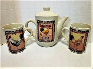 Bay Island Classic Rooster Teapot With Two Rooster Mugs - Tags Still Intact - Ln