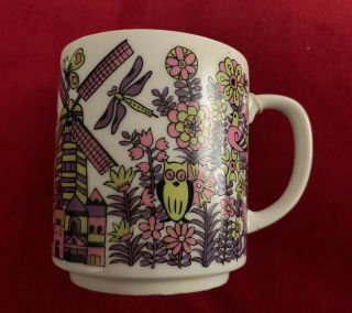 Vintage Japan Coffee Mug Psychedelic Colorful Flowers,  Birds,  Windmill,  Ship