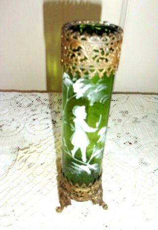 Enamelled Mary Gregory Lime Green Glass 7 In.  Spill Vase With Ormolu Feet/collar