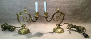 Pair Antique Victorian Boudoir Brass Lamps Dressing Table Vanity